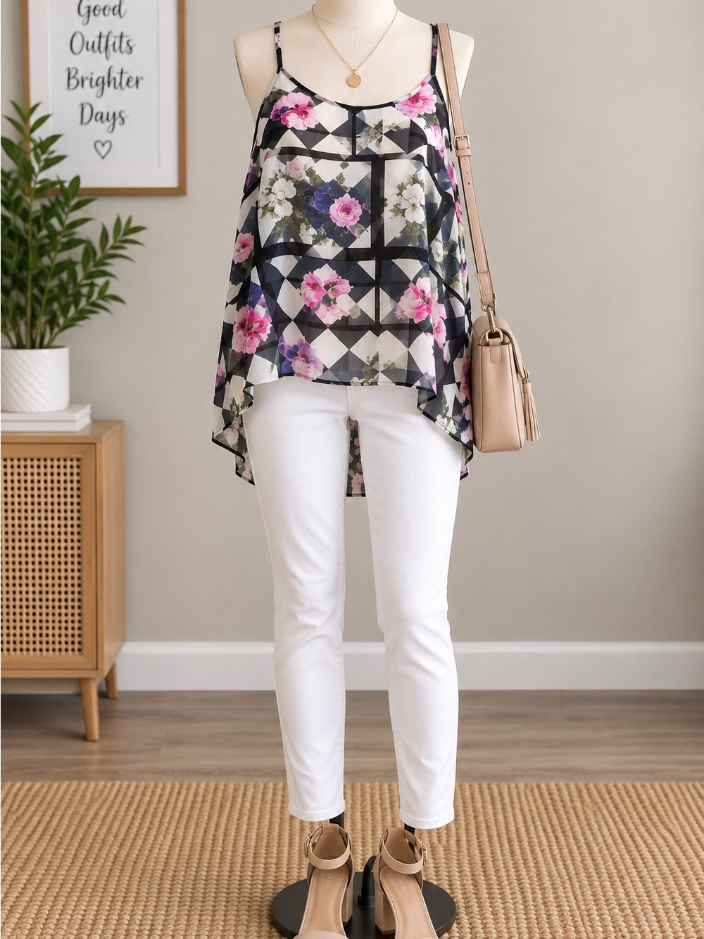 Topshop Floral Geometric Sheer Cami Top Size 8